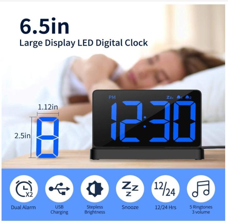 NOKLEAD Digital Alarm Clock LED Clock with 6.5" Large Display, USB Charging Port, Stepless