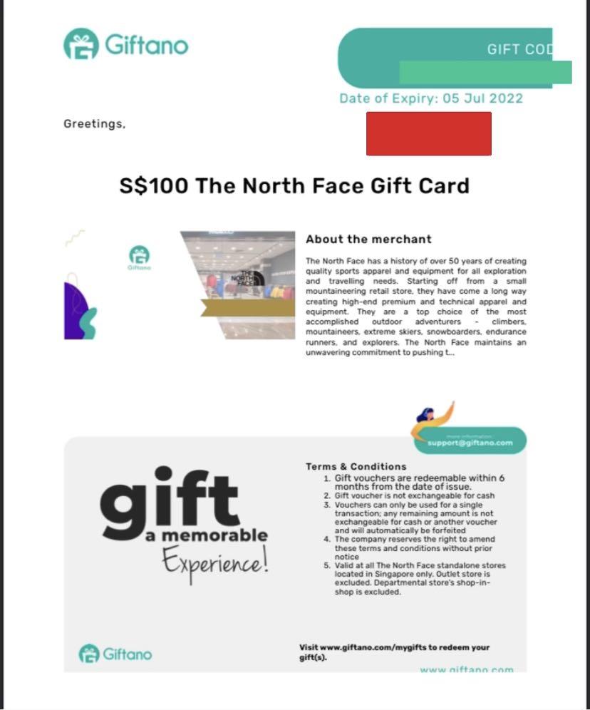 S100 the North Face gift card by Giftano, Tickets & Vouchers, Vouchers