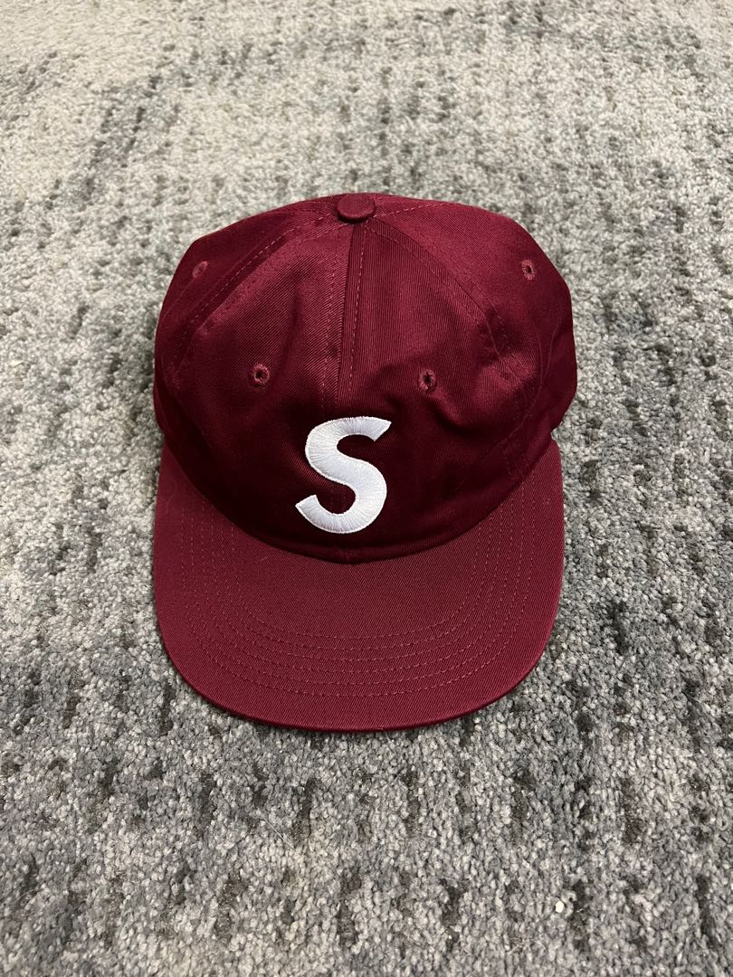 Supreme S logo 6 panel burgundy suede strapback, Men's Fashion