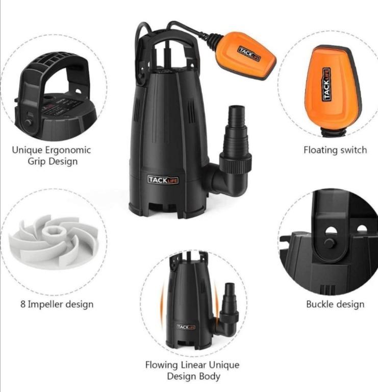 TACKLIFE Submersible Water Pump, 400W 9000 L/h Clean Dirty Water, 8Blade impellers, Max Granule