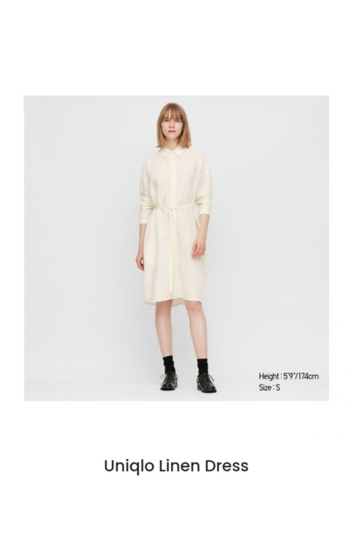 Uniqlo Linen Blend Long Sleeve Off white Shirt Dress Women s