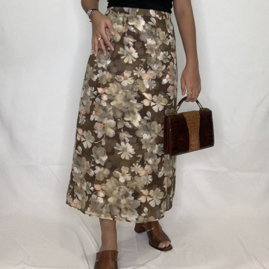Vintage Black Brown & Orange Botanical Print Midi Skirt 12 14