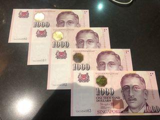 🍀SOLDDD🍀 1000 Singapore dollar $1000 UNC RUNNING NUMBER 4x