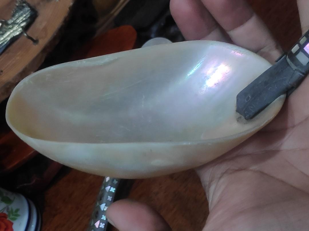 Abalone shell spoon (Category: Dinnerware & Cutlery) located in Baguio. Submitted by nalyns_unique_finds (Listing ID 1136859485, Image 3). Description: see photos for details abalone shell with carved horn handle missing some inlays small spoon has a crack on it.