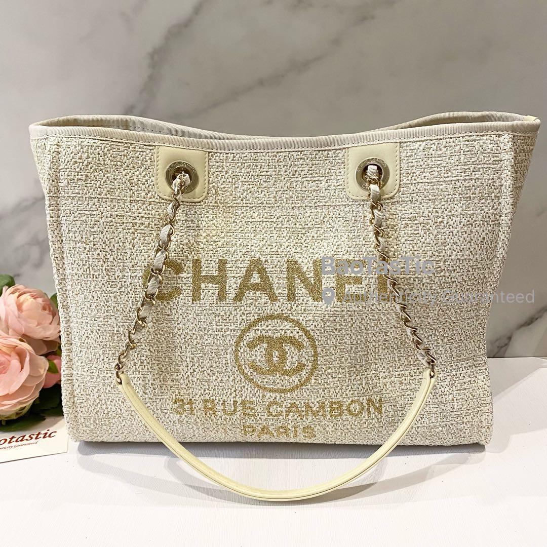 Chanel Medium Deauville Tote Ivory Fabric, Gold Lettering and LGHW