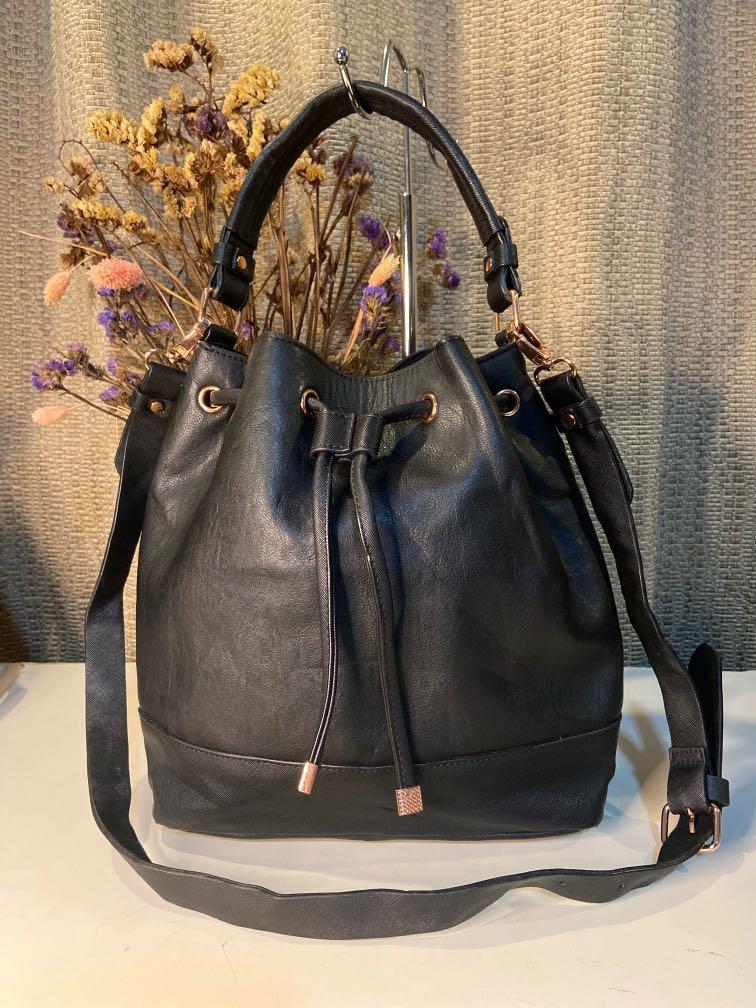 Colette Black Saffiano Soft Leather Bucket Bag 2 way Women s
