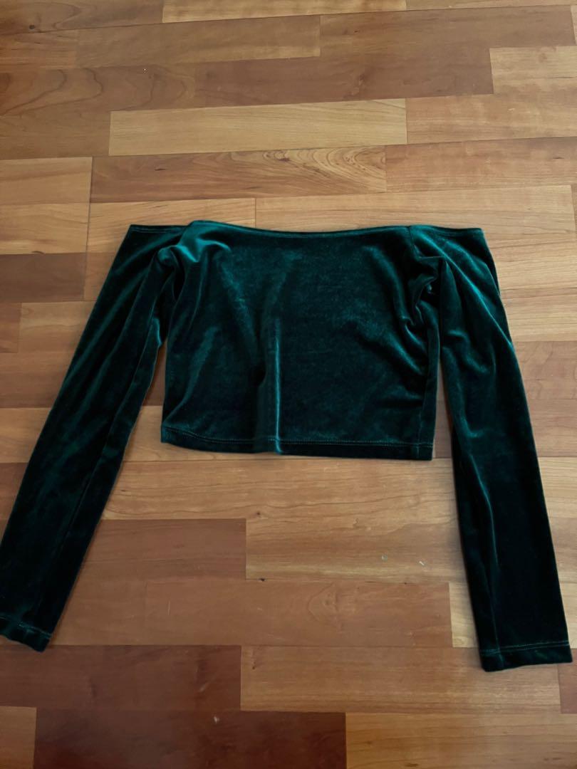Green velvet off shoulder top, Women's 