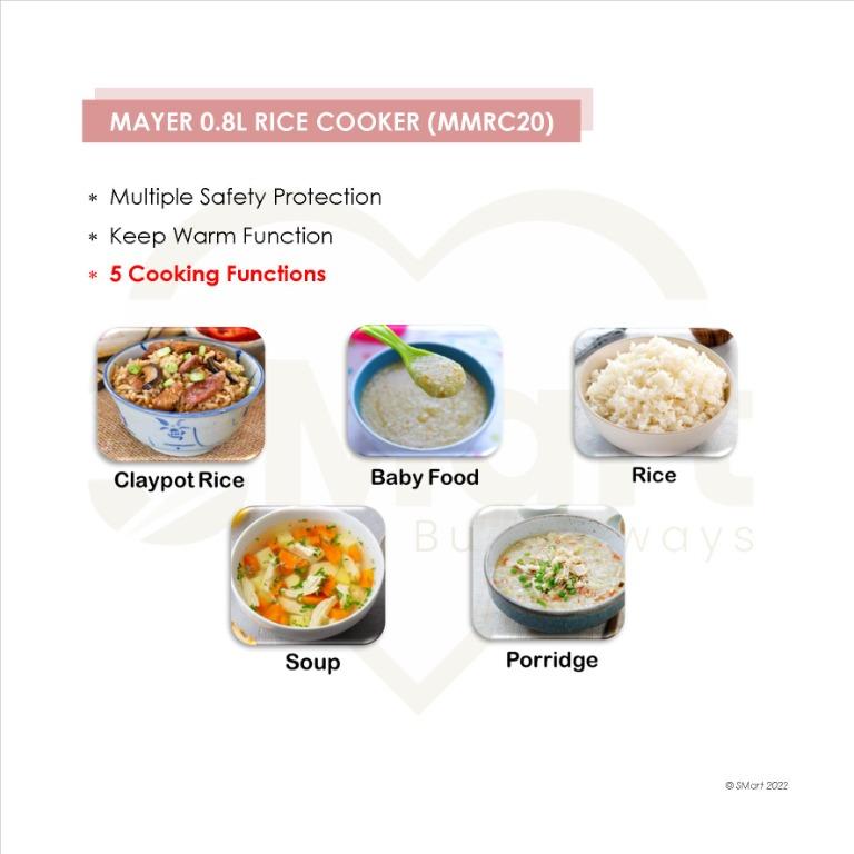 Mayer 0.8L Rice Cooker with Ceramic Pot [MMRC20], TV & Home Appliances