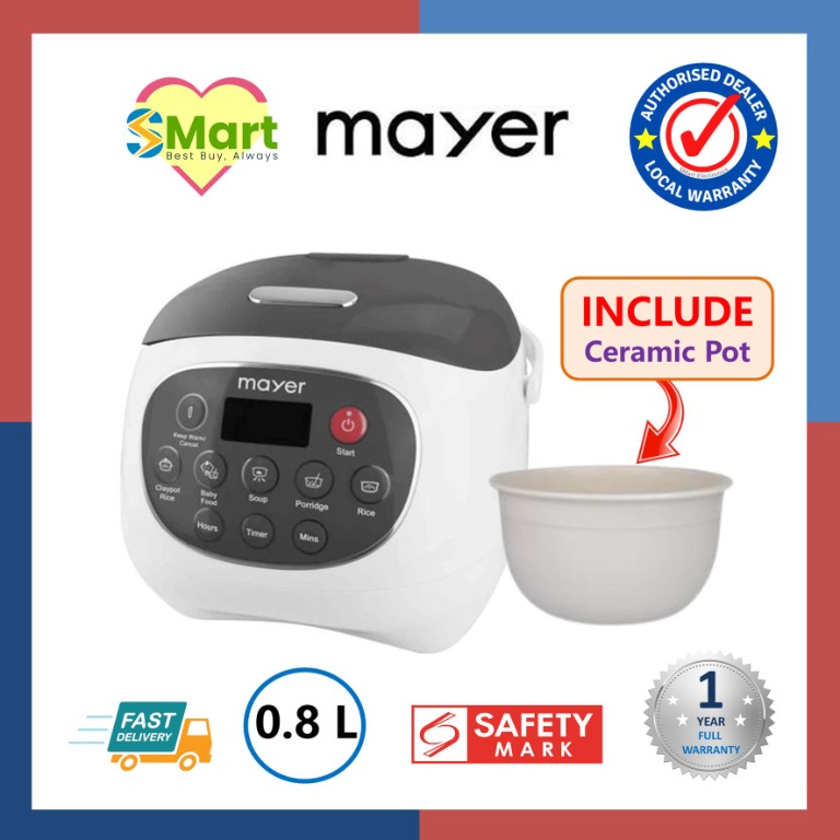 Mayer 0.8L Rice Cooker with Ceramic Pot [MMRC20], TV & Home Appliances