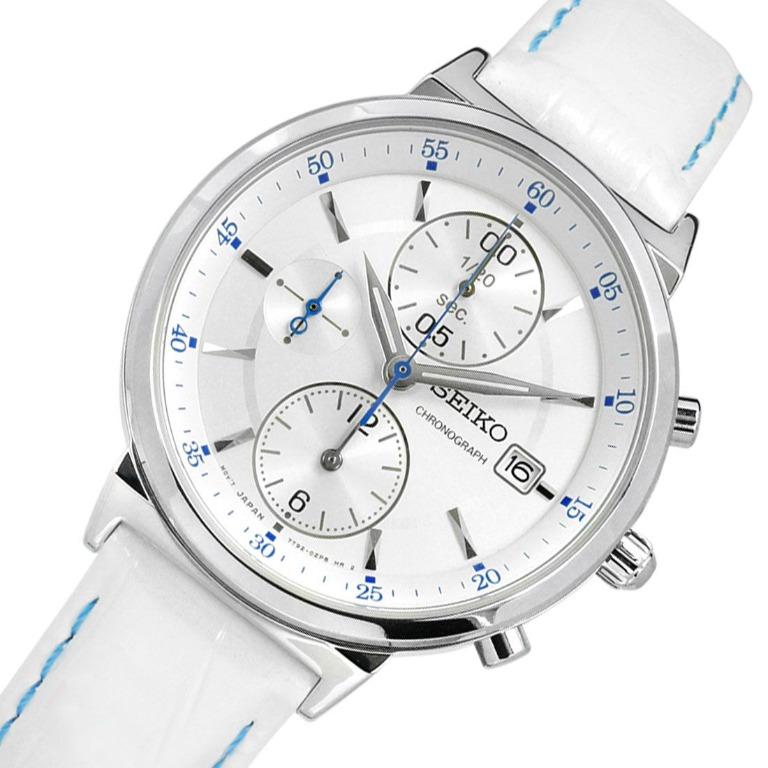 Seiko Ladies SNDV29P1 SNDV29 SNDV29P White Leather Chronograph Watch