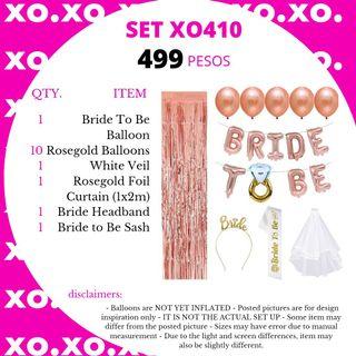 set xo410 - Bride To Be Balloon Rosegold White Veil White Sash Bride Headband Rosegold Foil Curtain and Balloons