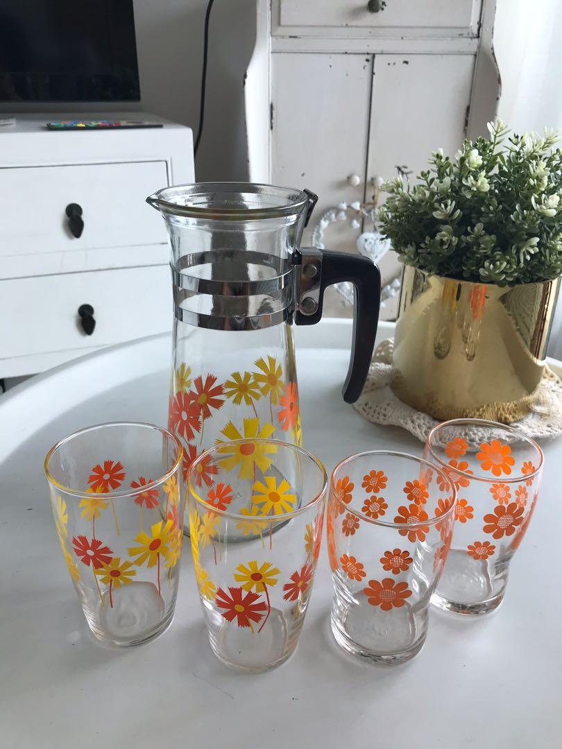 Vintage glass jug and glasses with yellow and orange flowers, Furniture