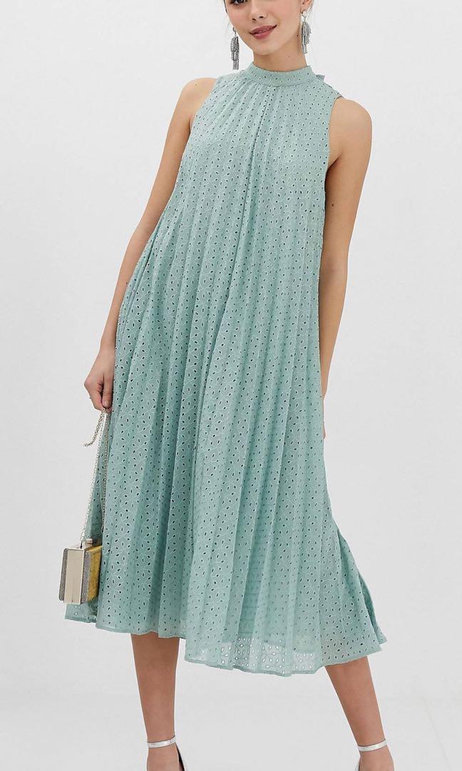 ASOS Design Premium High Neck Pleated Trapeze Broderie Midi Dress, Women's  Fashion, Dresses & Sets, Dresses on Carousell