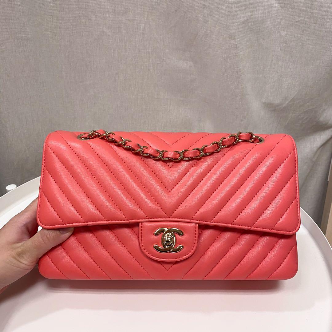 Authentic Chanel 19C Coral Red Medium Chevron Classic Flap bag in Lambskin and Light Gold Hardware