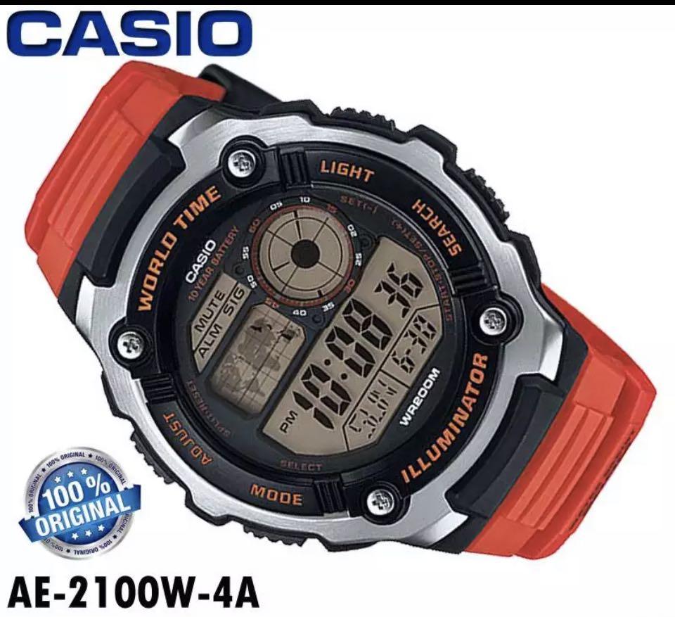 Casio Men’s Orange Resin Strap Digital World Time Watch AE-2100W-4A!