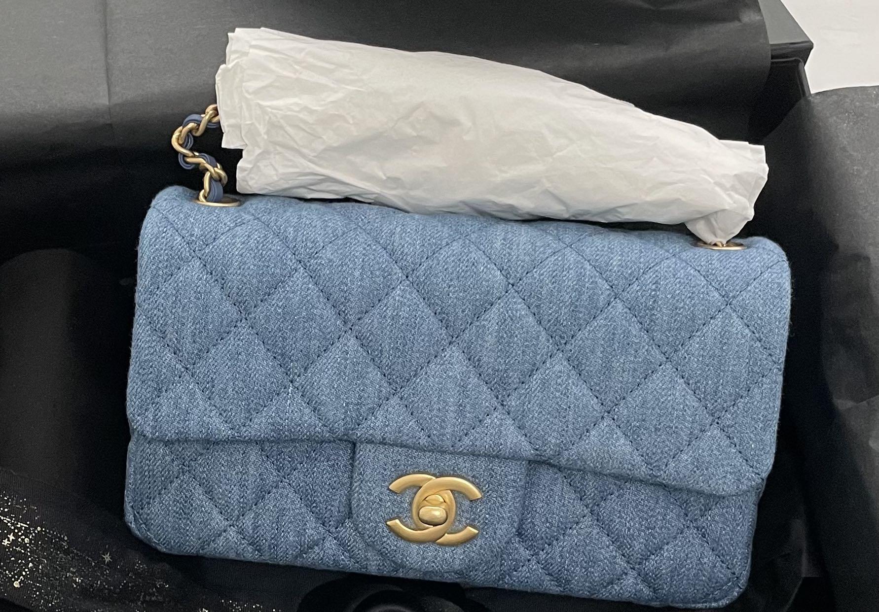 CHANEL 22C Blue Denim Pearl Crush Square Mini Flap Bag Gold