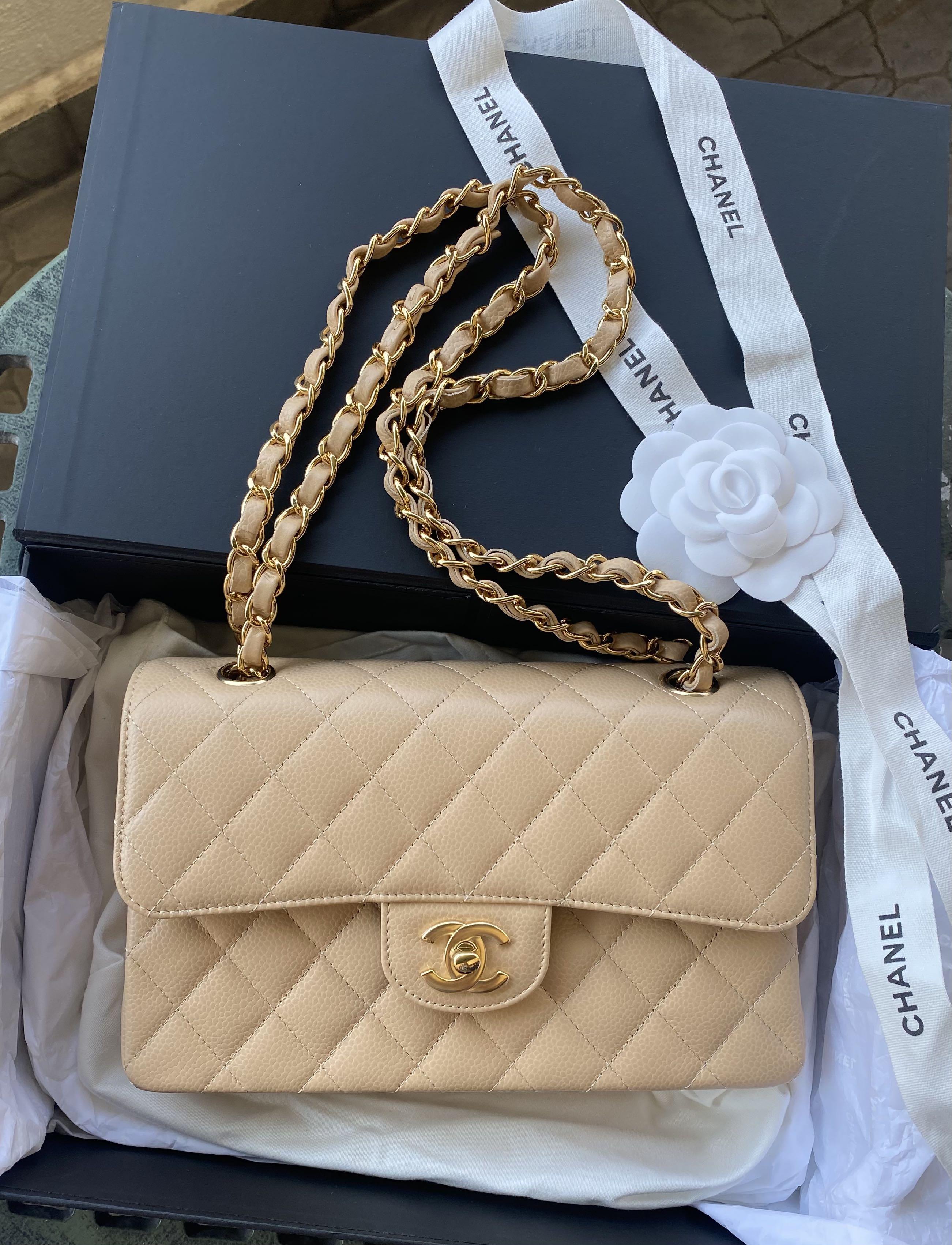 Chanel classic small beige Clair caviar with ghw, Luxury, Bags & Wallets on  Carousell
