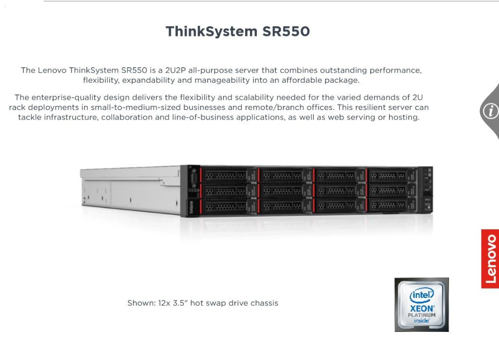 Server- LenovoThinkSystem SR550 Rack ServerIntel Xeon Silver 4116 12C 85W 2.1GHz Processor / 16.5 MB cache (Category: Networking) located in Manila. Submitted by rich_cat (Listing ID 1137010346, Image 1). Description: 🟢 LenovoThinkSystem SR550 Rack Server Affordable, all-purpose rack server for local/remote sites The 2U ThinkSystem SR550 2P rack server is designed for a balance of processing power, storage capacity, and cost. It provides selecta