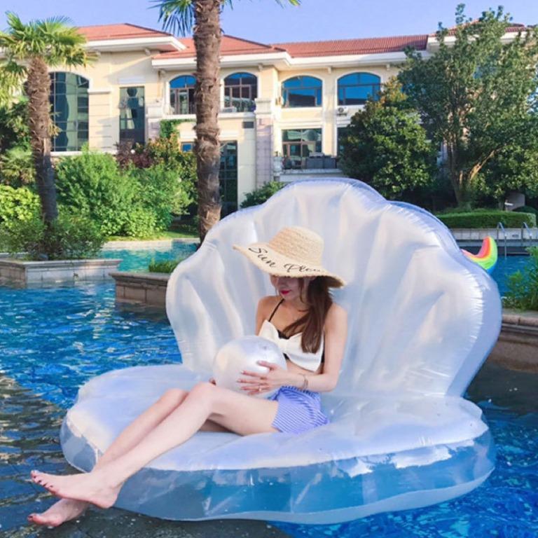 Buosha Inflatable Seashell Pool Float, Giant Clam Floatie With Pearl Ball, Shell