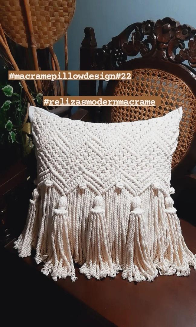 Macrame pillows (Category: Cushions & Throws) located in Binan City. Submitted by relizas_modern_macrame (Listing ID 1136865023, Image 3). Description: 18x18inches creamy white macrame cotton rope includes: 1pc macrame pillow cover 1pc canvass pillowcase 1pc uratex pillow made to order price vary depends on design ranges from 999 to 1949 pickup location Macrame lights and strings binan city payment thru gcash bpi shipping thru lalamove toktok j&t