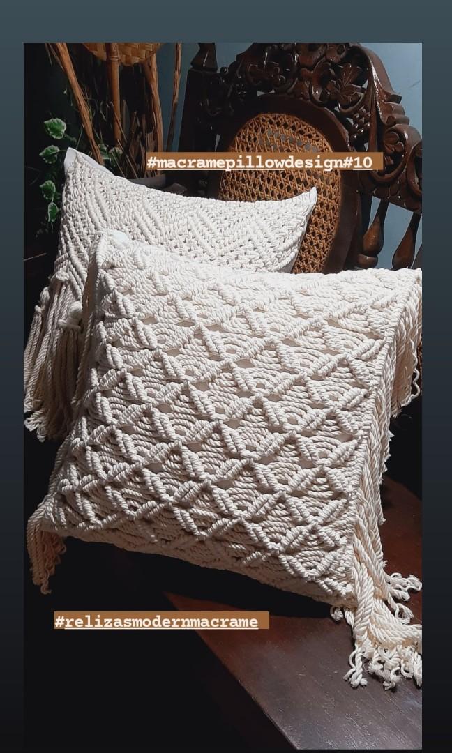 Macrame pillows (Category: Cushions & Throws) located in Binan City. Submitted by relizas_modern_macrame (Listing ID 1136865023, Image 2). Description: 18x18inches creamy white macrame cotton rope includes: 1pc macrame pillow cover 1pc canvass pillowcase 1pc uratex pillow made to order price vary depends on design ranges from 999 to 1949 pickup location Macrame lights and strings binan city payment thru gcash bpi shipping thru lalamove toktok j&t