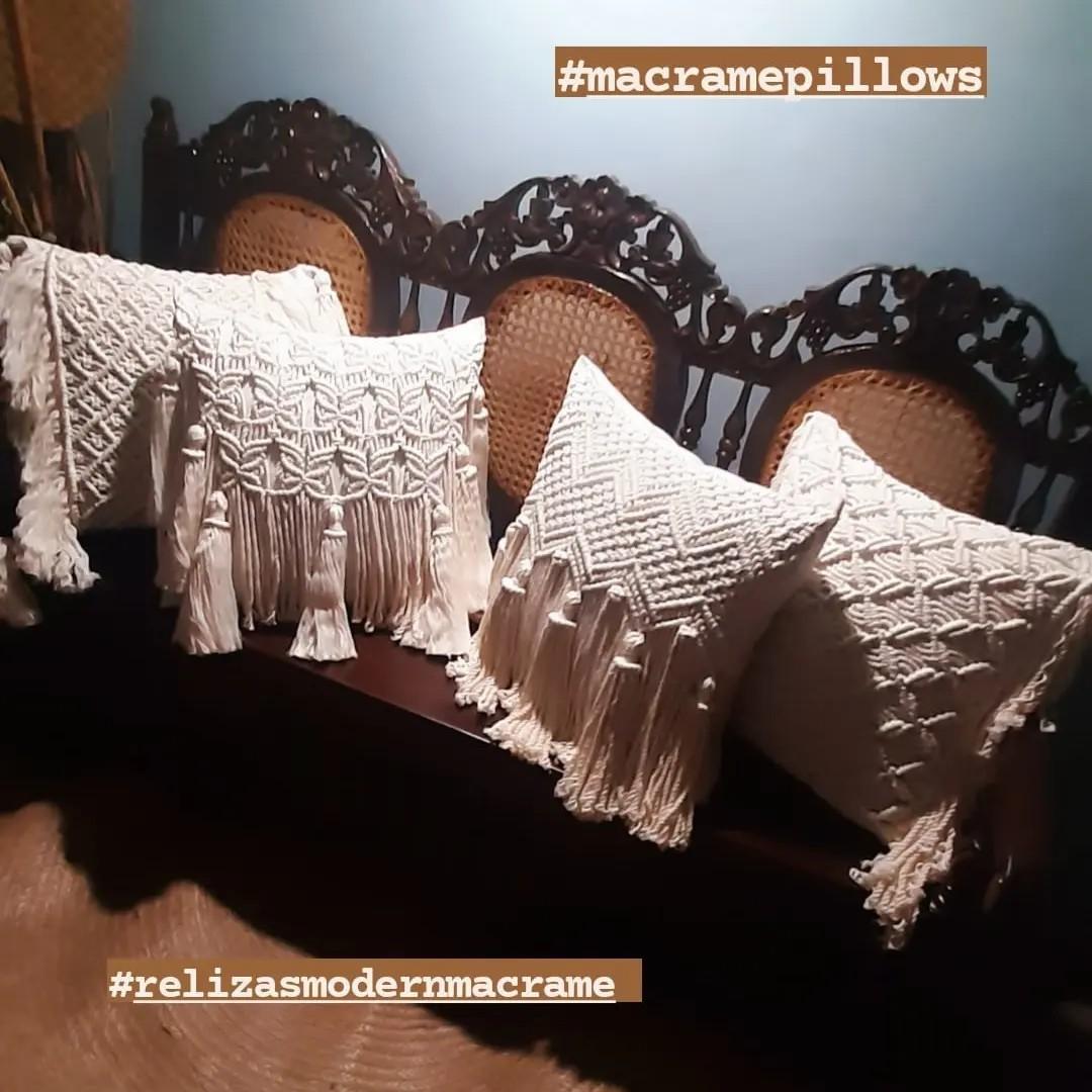Macrame pillows (Category: Cushions & Throws) located in Binan City. Submitted by relizas_modern_macrame (Listing ID 1136865023, Image 1). Description: 18x18inches creamy white macrame cotton rope includes: 1pc macrame pillow cover 1pc canvass pillowcase 1pc uratex pillow made to order price vary depends on design ranges from 999 to 1949 pickup location Macrame lights and strings binan city payment thru gcash bpi shipping thru lalamove toktok j&t
