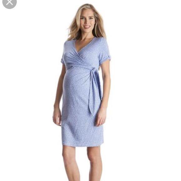Seraphine Blue Polka Dot Maternity Wrap Dress