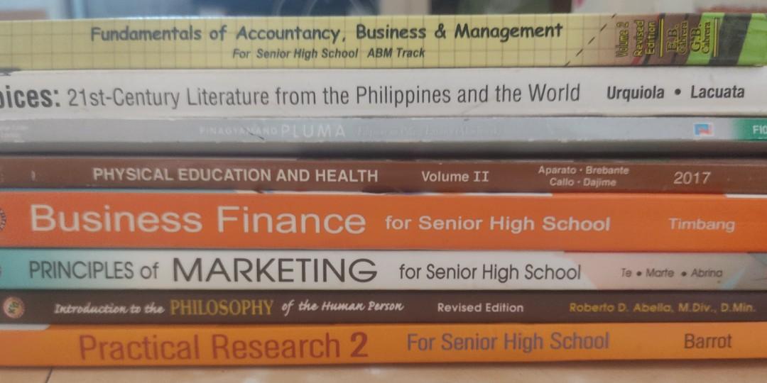 UE Grade 12 SHS Books (Category: Textbooks) located in Caloocan City. Submitted by cutiekikker (Listing ID 1136886044, Image 1). Description: ABM SHS BOOKS (well-used, some books have highlights) — Fundamentals of Accountancy, Business & Management Volume 2 Revised Ed. (by Cabrera & Cabrera) for 150 pesos — VOICES: 21st Century Literature... (by Urquiola & Lacuata) (Abiva Publishing) for 125 pesos — Pinagyamang Pluma: Filipino sa Piling Larang (A