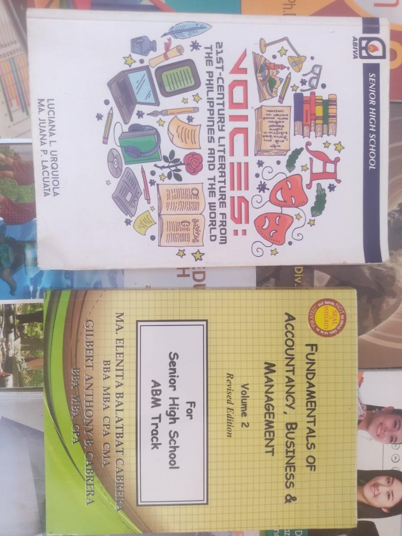UE Grade 12 SHS Books (Category: Textbooks) located in Caloocan City. Submitted by cutiekikker (Listing ID 1136886044, Image 3). Description: ABM SHS BOOKS (well-used, some books have highlights) — Fundamentals of Accountancy, Business & Management Volume 2 Revised Ed. (by Cabrera & Cabrera) for 150 pesos — VOICES: 21st Century Literature... (by Urquiola & Lacuata) (Abiva Publishing) for 125 pesos — Pinagyamang Pluma: Filipino sa Piling Larang (A