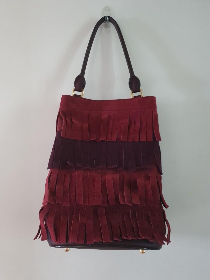 Authentic BURBERRY Prorsum Suede Tiered Fringe Bucket Bag, Women's