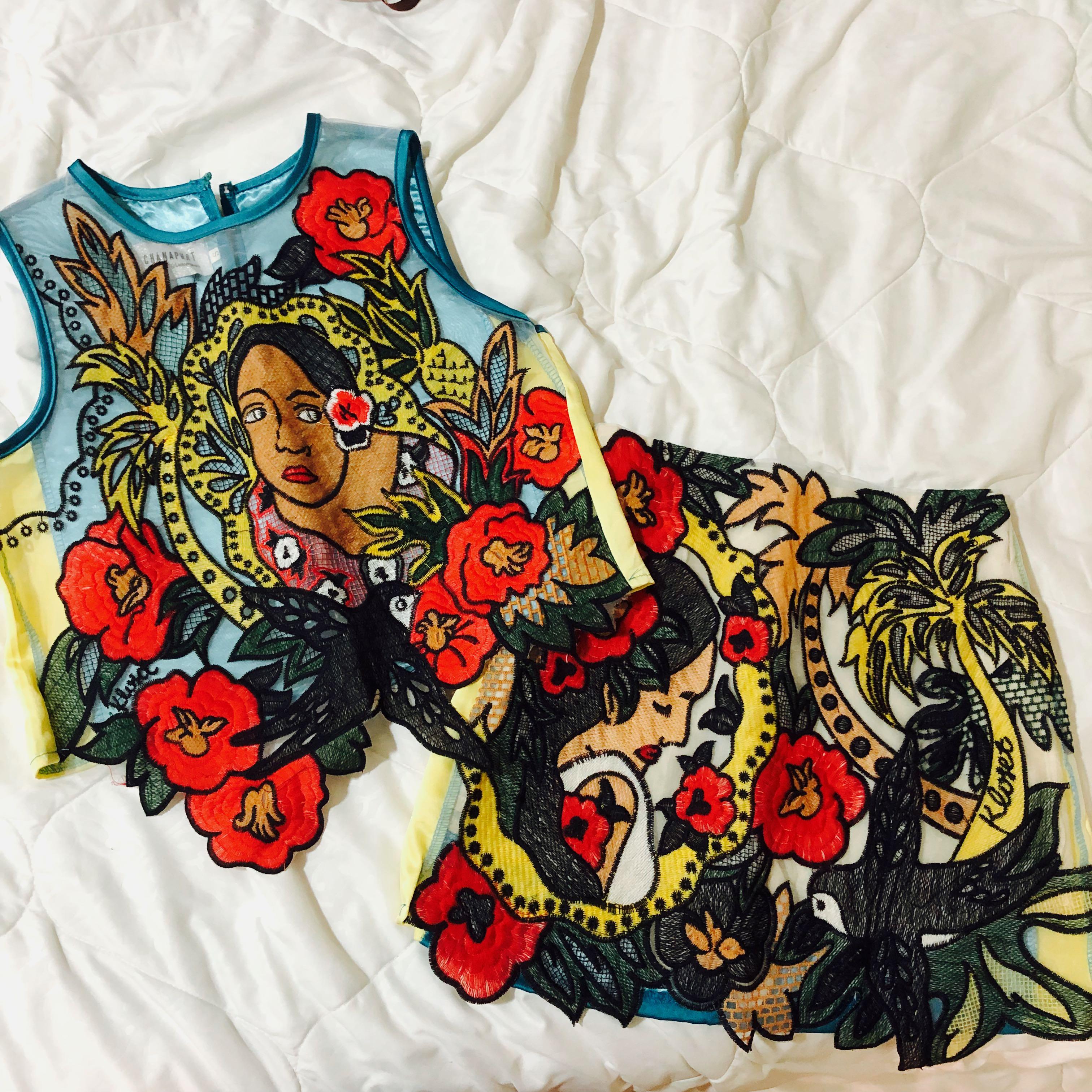 Embroidered art quirky terno set rare design (Category: Sets or Coordinates) located in Makati City. Submitted by skrunkly (Listing ID 1137126601, Image 1). Description: Quirky, playful, but elegant at the same time. This will make you look fun but expensive! Flat measurements: Top pit to pit: 16.5 length of shorts: 16 waist: 12.5" (best fits 25 inch high waist).