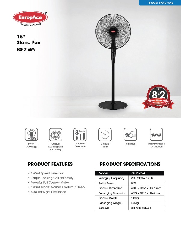 EuropAce Stand Fan (Black) 16