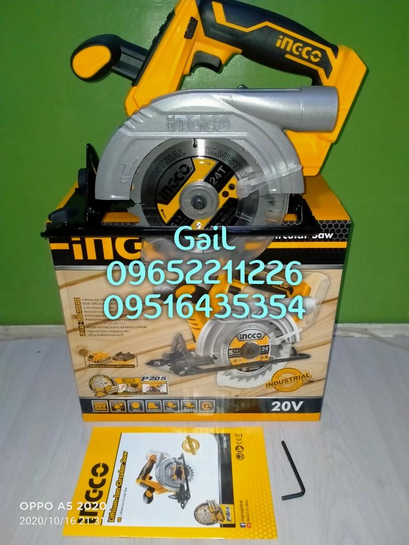 INGCO 20V Li-ion Cordless Circular Saw (Category: Construction Tools & Equipment) located in Caloocan City. Submitted by abieghail (Listing ID 1137146351, Image 2). Description: INGCO 20v Cordless Circular Saw (NO Battery & Charger included) 2AH Battery : 1,200 2A Charger : 850 4AH Battery : 2,850 4A Charger : 1,300 Model no. CSLI1401 No-load speed : 3600rpm Blade diameter : 150mm *45mm cut on 90° *33mm cut on 45° Adjustable cutting depth Adjusta