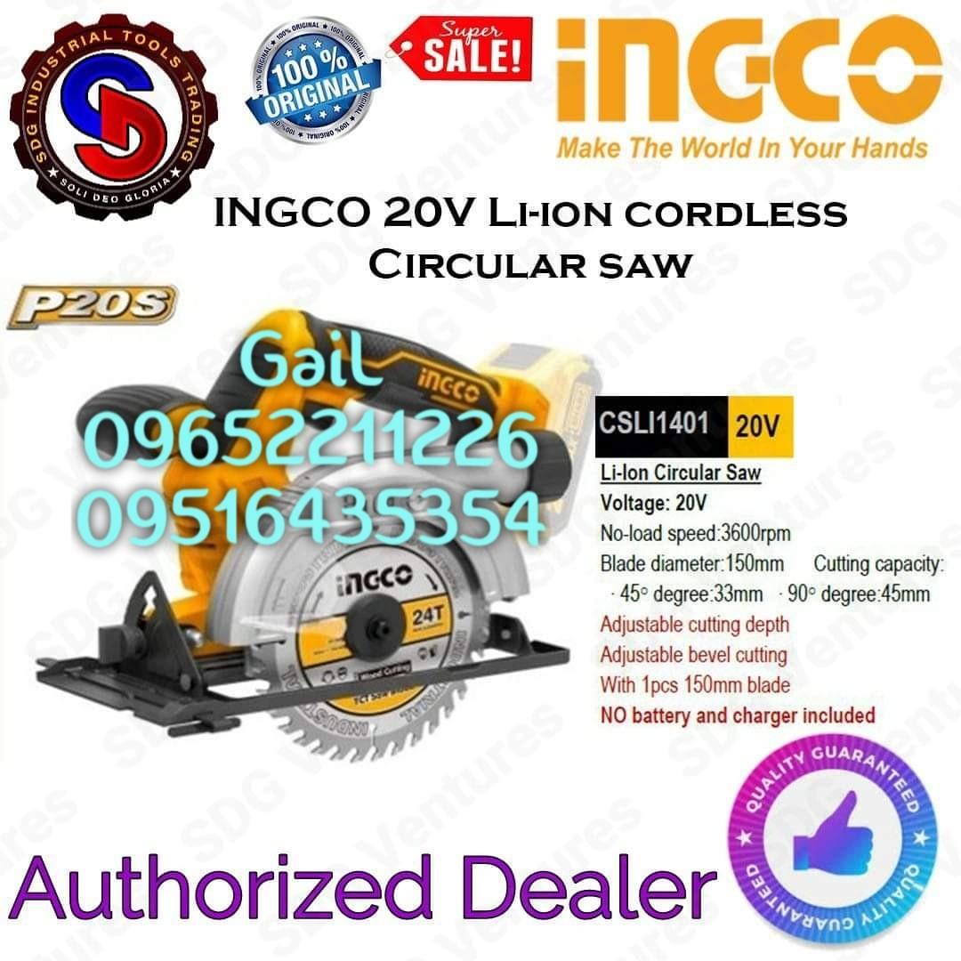 INGCO 20V Li-ion Cordless Circular Saw (Category: Construction Tools & Equipment) located in Caloocan City. Submitted by abieghail (Listing ID 1137146351, Image 1). Description: INGCO 20v Cordless Circular Saw (NO Battery & Charger included) 2AH Battery : 1,200 2A Charger : 850 4AH Battery : 2,850 4A Charger : 1,300 Model no. CSLI1401 No-load speed : 3600rpm Blade diameter : 150mm *45mm cut on 90° *33mm cut on 45° Adjustable cutting depth Adjusta
