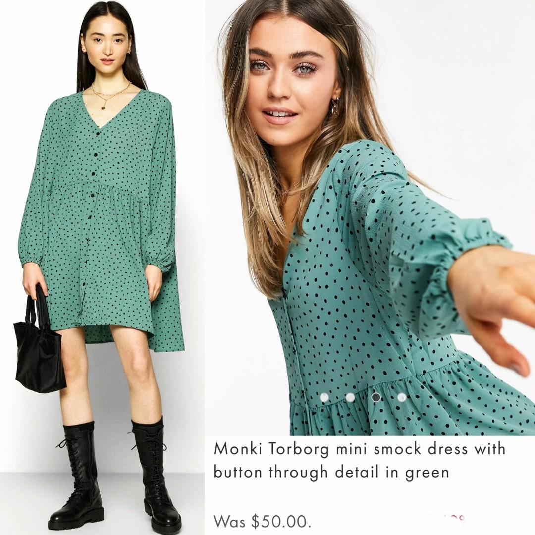 Monki torborg mini smock dress, Fesyen 