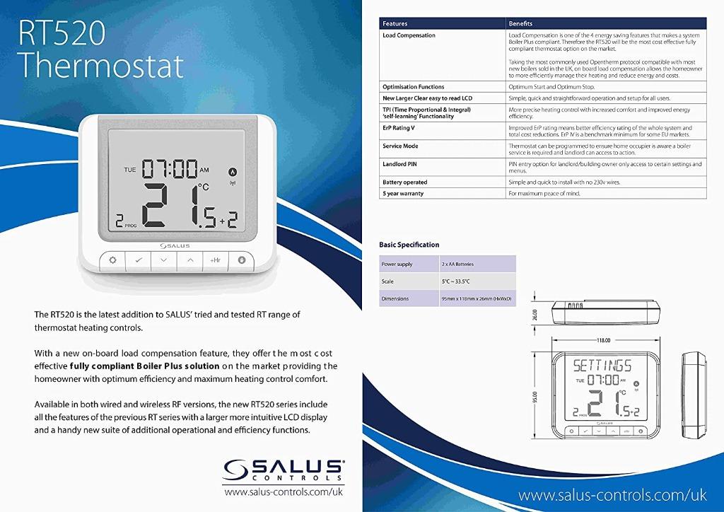 Salus RT520 Boiler Plus Compliant Programmable Room Thermostat (White),  Furniture u0026 Home Living, Home Improvement u0026 Organisation, Home Improvement  Tools u0026 Accessories on Carousell