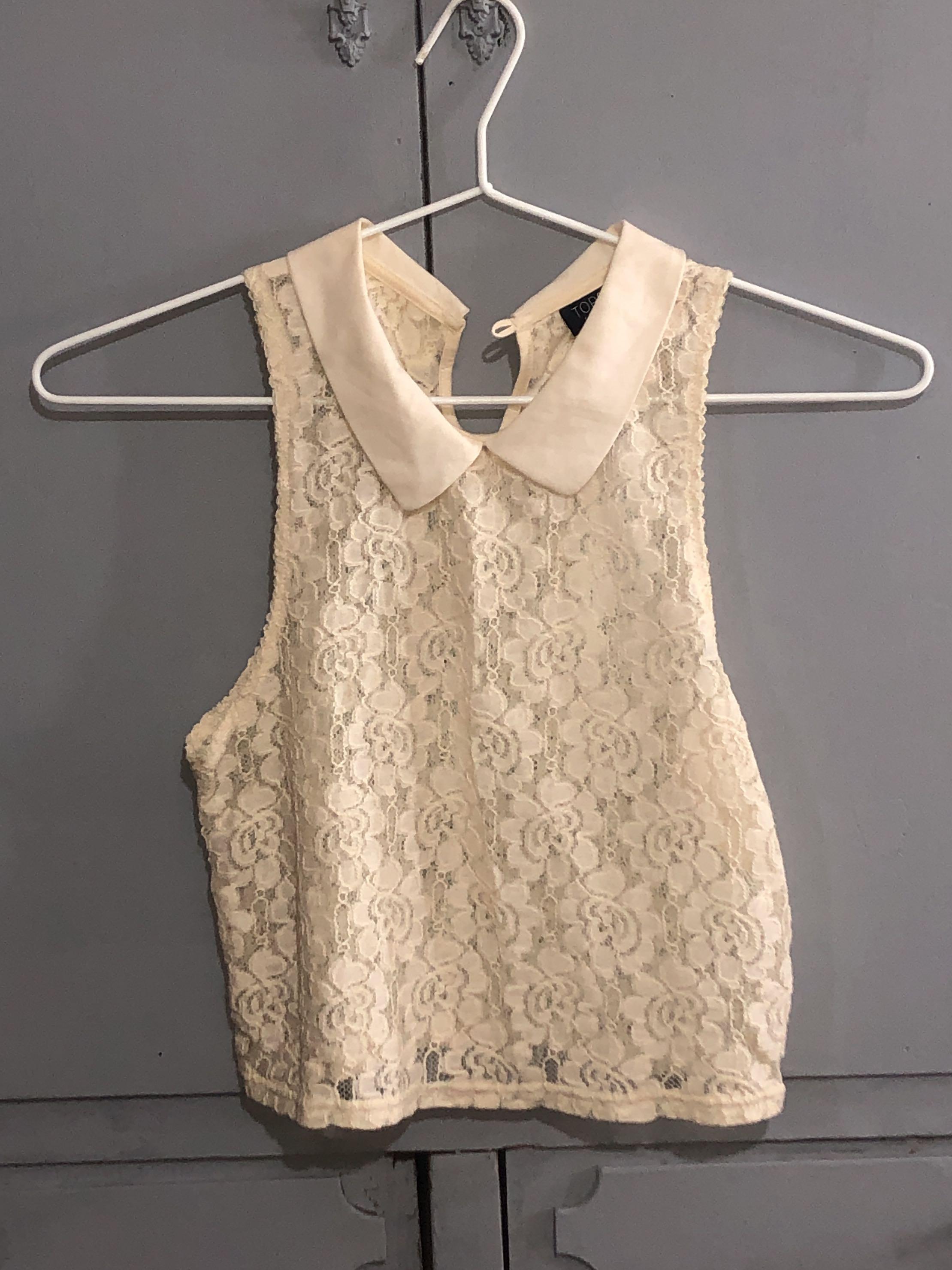 Top shop sleeveless top lace (Category: Sleeveless) located in Quezon City. Submitted by annasotto (Listing ID 1137255446, Image 2). Description: Used twice Top shop lace top Size 2.