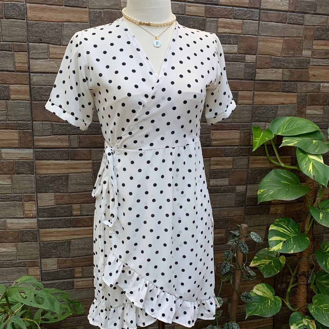 Polka Dot White Wrap Chiffon Dress Brand New