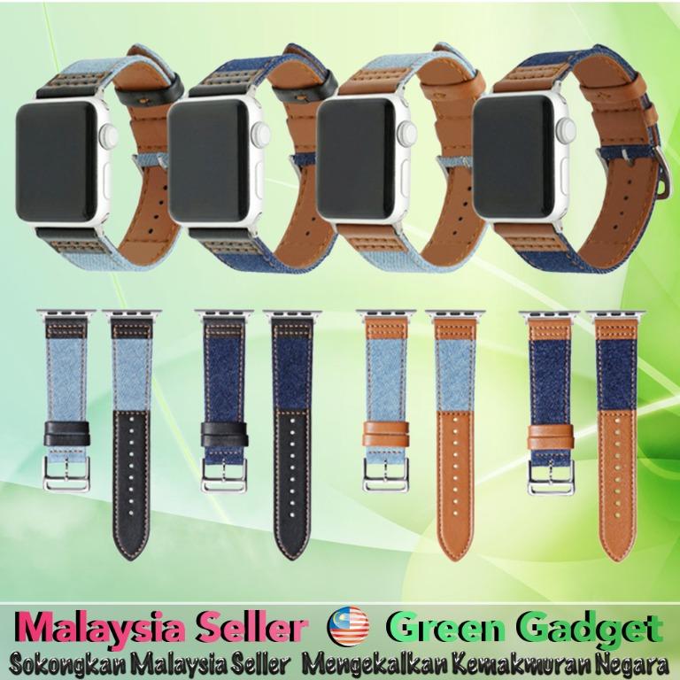 Apple Watch 38MM 40MM 41MM 42MM 44MM 45MM Strap Denim Fabric Leather tali jam tangan