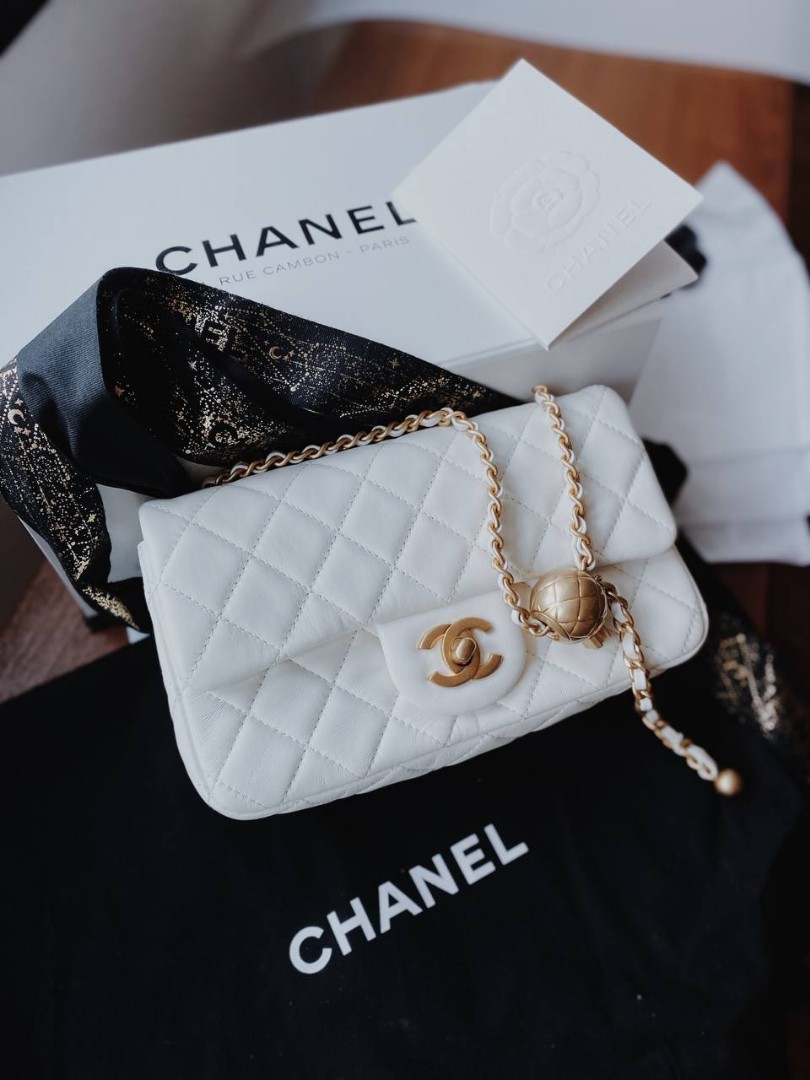 NWT! 22C CHANEL 🤍Mini Square White Pearl Crush Gold Ball Flap Bag GHW  Receipt