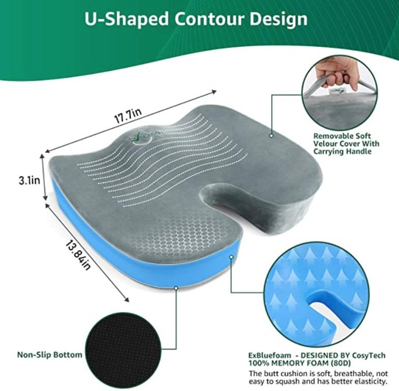 CosyTech Coccyx Seat Cushion (Category: Braces, Support & Protection) located in Marikina City. Submitted by skowshop (Listing ID 1137435542, Image 2). Description: Brand CosyTech Color Grey Material Memory Foam About this item: BLUE HIGH-DENSITY MEMORY FOAM - ExBluefoam, the seat cushion for office chair is made of high-quality memory foam(80 D), which was developed exclusively by CosyTech over a period of two years. So CosyTech seat cushions ar