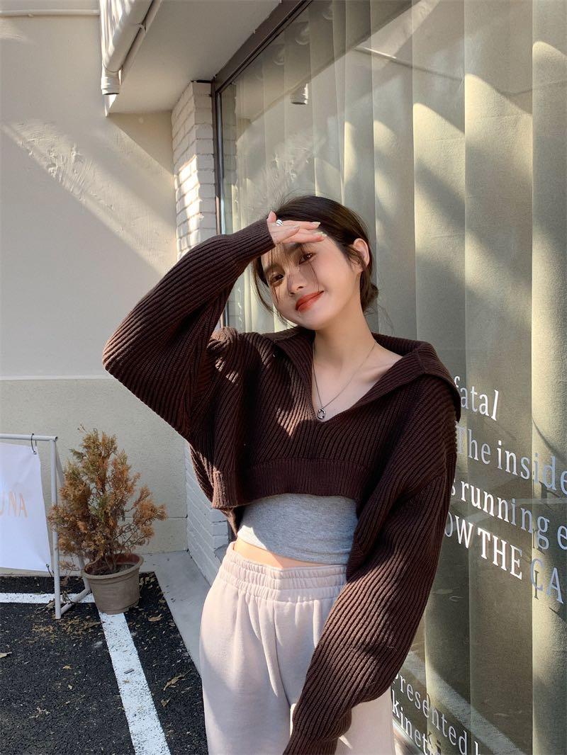 Dark brown knit cropped sweater, Women 