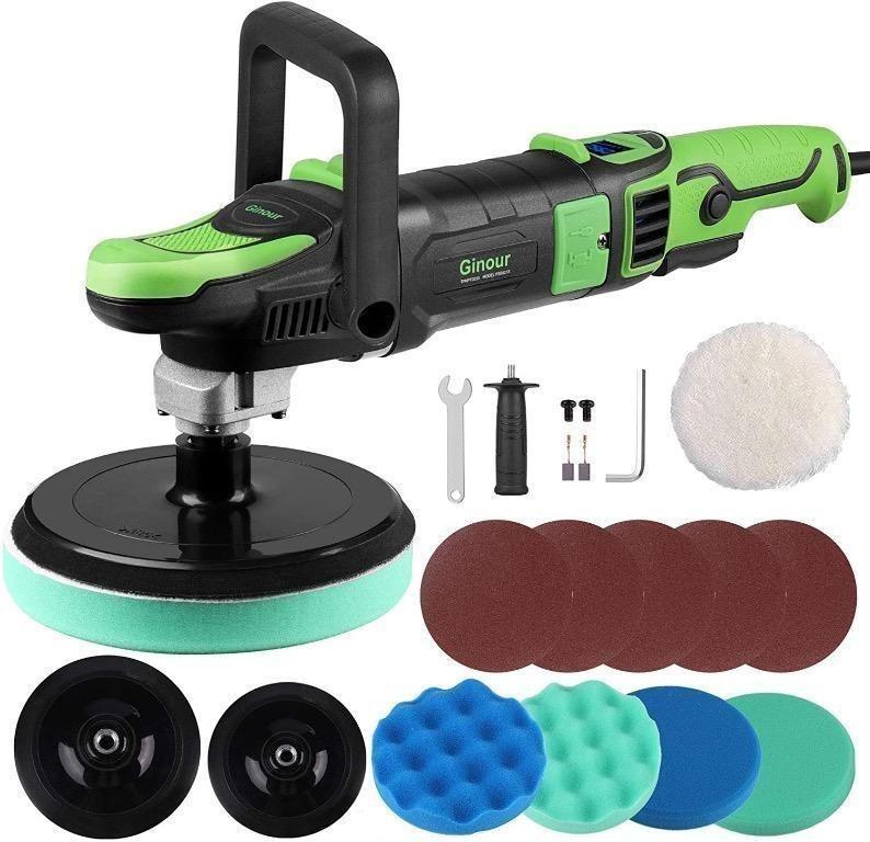 Rotary Polisher 1200W Furniture Lock Switch Handle 6 Variable Speed with LED Display sandpapers ginour Polisher 2 Backing Pads polishing pads for polishing and Sanding Car 