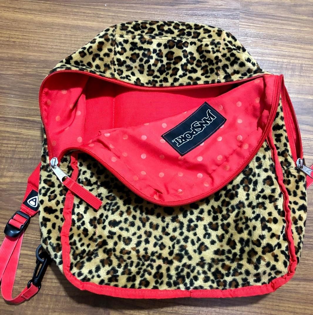 Jansport Leopard Cheetah Animal Print Soft Fuzzy Backpack Brown & Red VHTF