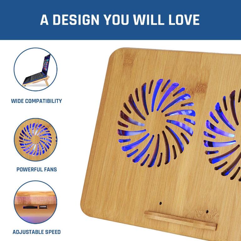 "KLIM™ Bamboo Laptop cooling pad Adjustable speed Cooling stand