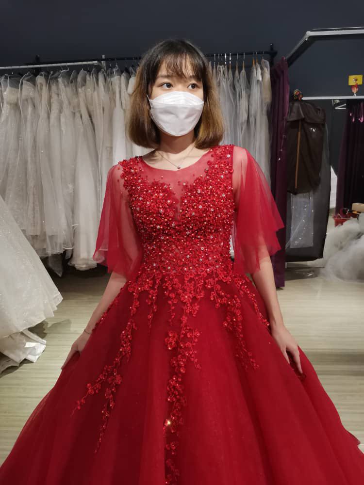 Red Ball Gown Tulle Lace High Neck Long Sleeve Beading Wedding Dress