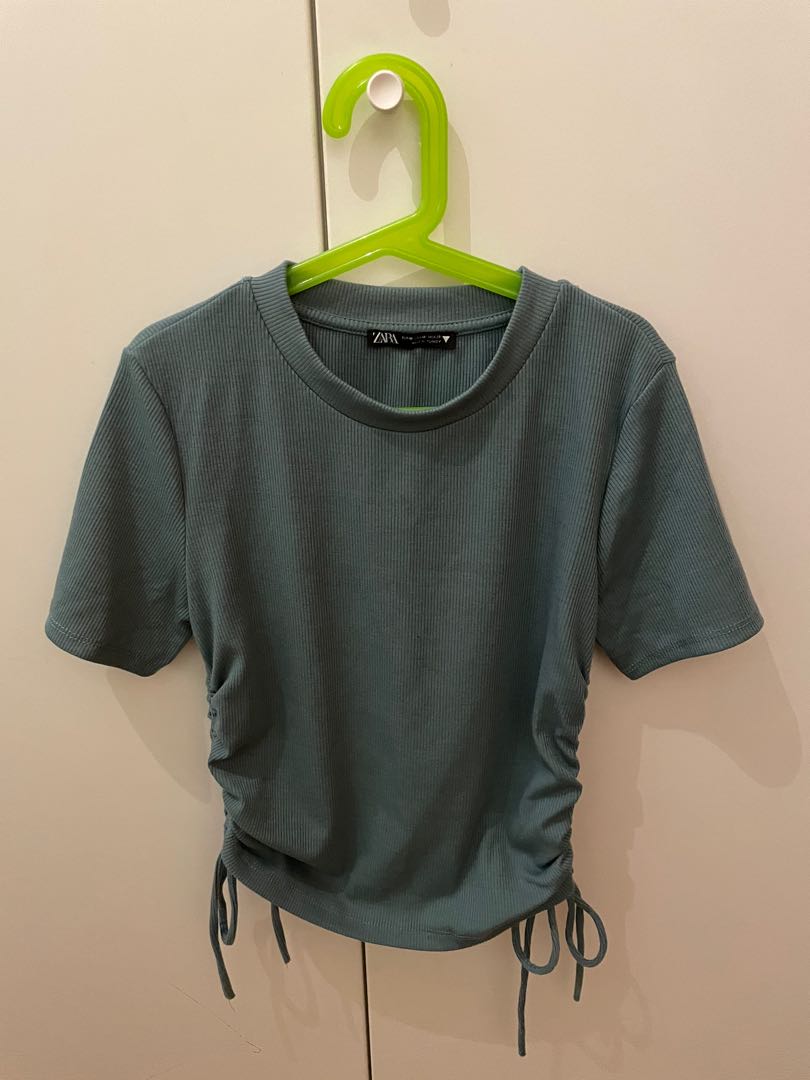 Sage Green Zara Ruched crop top, Women's Fashion, Tops, Shirts on Carousell