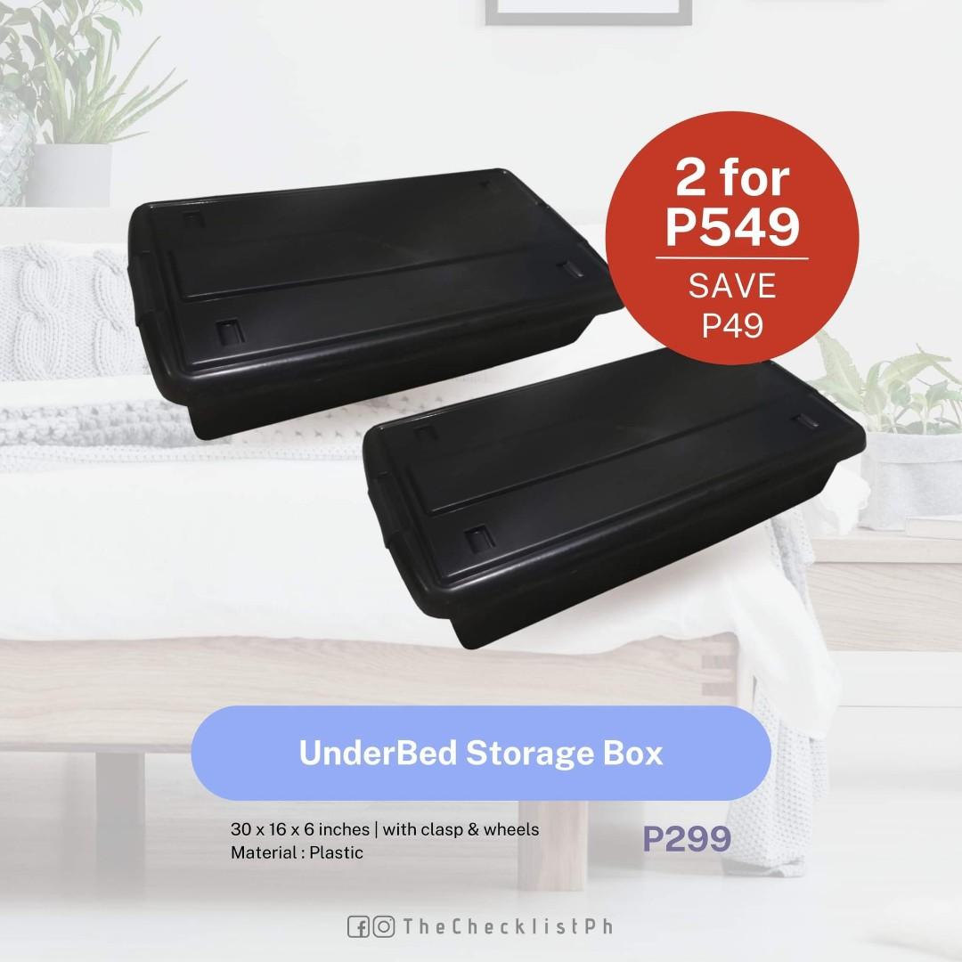 Underbed Storage Box (Category: Storage Boxes & Baskets) located in Manila. Submitted by thechecklistph (Listing ID 1137412604, Image 1). Description: Underbed Storge 2 for P549 (SAVE P49) 1 for P299 Capacity: 40 liters *see photo for specs Use to organize your shoes, clothes and other stuff. Pick up or shipping c/o buyer.