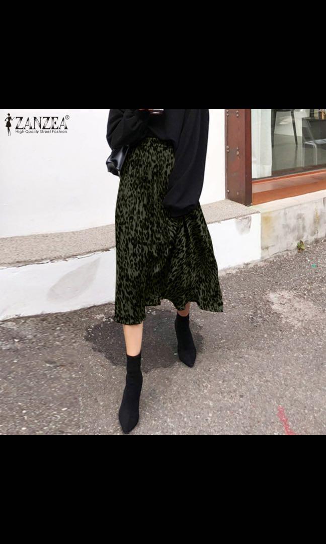 Zanzea green leopard print pleated skirt 5xl Women s Fashion