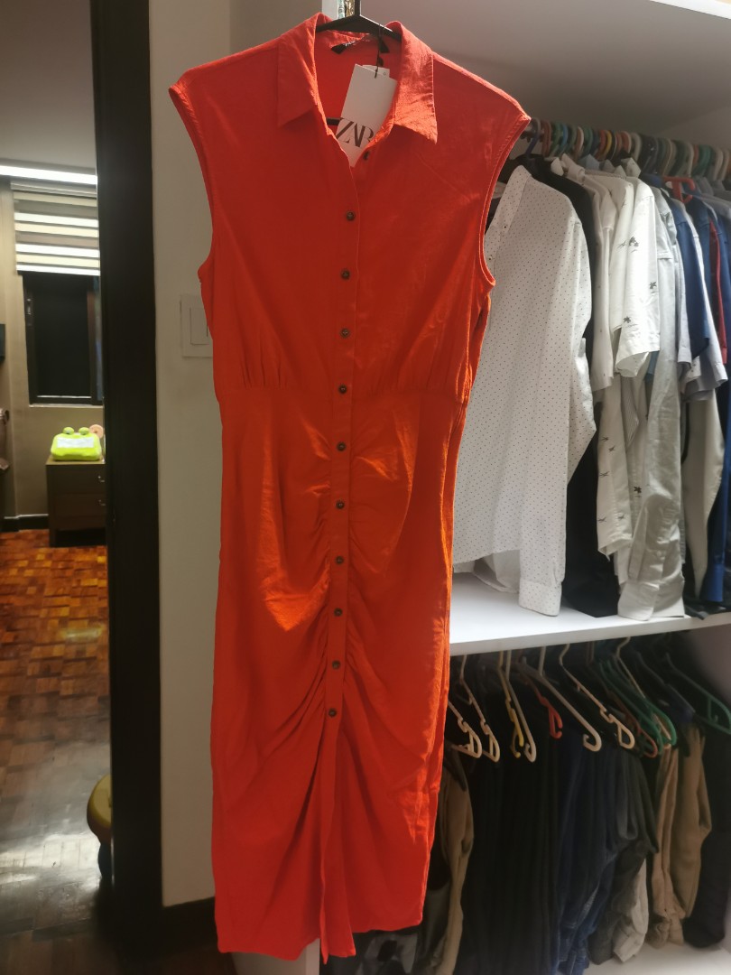 Zara linen dress in red, Women's Fashion, Dresses & Sets, Dresses on Carousell